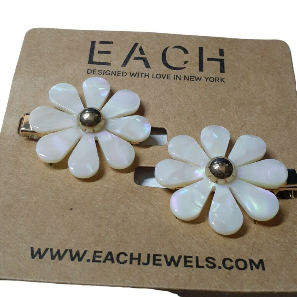 EACH Jewels Flower Hair Clips Barrettes 2 Pack White Mother of Pearl Look Spring
